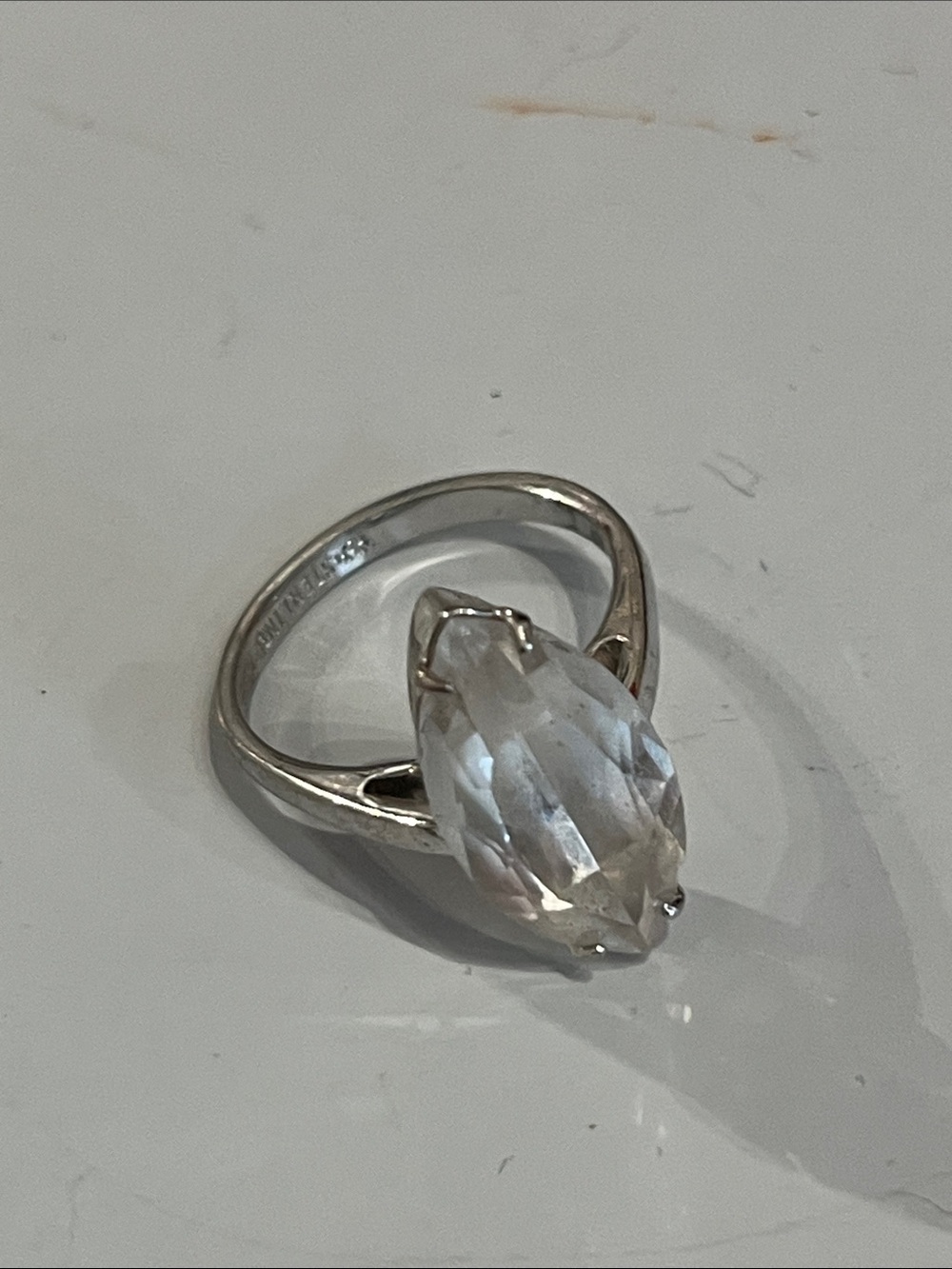 Sterling prong tulip shape marquise zarconia  diamond ring sz 7